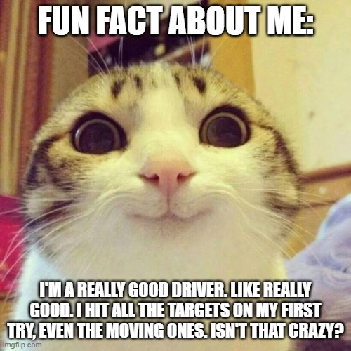 Smiling Cat Meme | FUN FACT ABOUT ME:; I'M A REALLY GOOD DRIVER. LIKE REALLY GOOD. I HIT ALL THE TARGETS ON MY FIRST TRY, EVEN THE MOVING ONES. ISN'T THAT CRAZY? | image tagged in memes,smiling cat | made w/ Imgflip meme maker