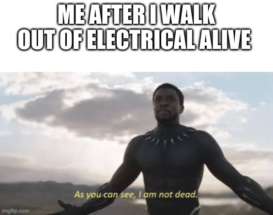 As you can see, i am not dead | ME AFTER I WALK OUT OF ELECTRICAL ALIVE | image tagged in as you can see i am not dead | made w/ Imgflip meme maker