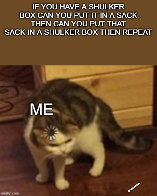 Loading cat | IF YOU HAVE A SHULKER BOX CAN YOU PUT IT IN A SACK THEN CAN YOU PUT THAT SACK IN A SHULKER BOX THEN REPEAT; ME; @PANDADOUD | image tagged in loading cat,minecraft | made w/ Imgflip meme maker