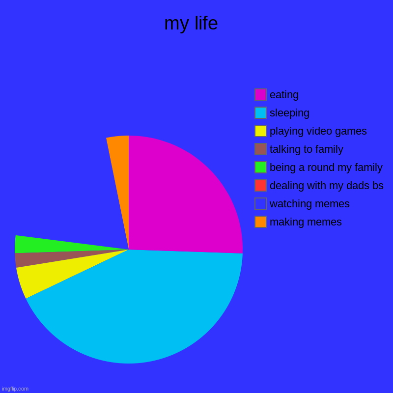 :) | my life  | making memes , watching memes , dealing with my dads bs, being a round my family, talking to family , playing video games, sleepi | image tagged in charts,pie charts | made w/ Imgflip chart maker