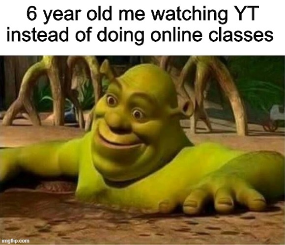 i hate online classes so much | 6 year old me watching YT instead of doing online classes | image tagged in shrek | made w/ Imgflip meme maker