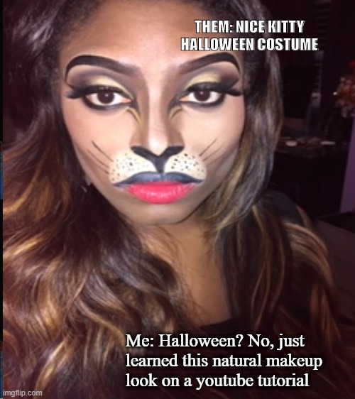 Meow Neow | THEM: NICE KITTY HALLOWEEN COSTUME; Me: Halloween? No, just learned this natural makeup look on a youtube tutorial | image tagged in halloween,happy halloween,kitty,meow,best meme,beautiful | made w/ Imgflip meme maker