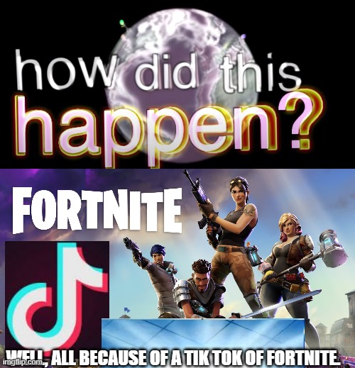 WELL, ALL BECAUSE OF A TIK TOK OF FORTNITE. | image tagged in fortnite,how did this happen | made w/ Imgflip meme maker