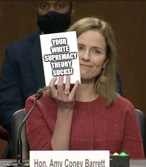 Amy Coney Barrett | YOUR 
WHITE 
SUPREMACY 
THEORY 
SUCKS! | image tagged in amy coney barrett | made w/ Imgflip meme maker