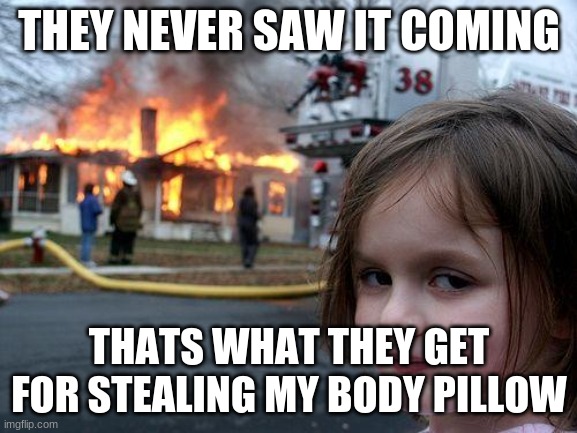 leave her body pillow alone | THEY NEVER SAW IT COMING; THATS WHAT THEY GET FOR STEALING MY BODY PILLOW | image tagged in memes,disaster girl | made w/ Imgflip meme maker