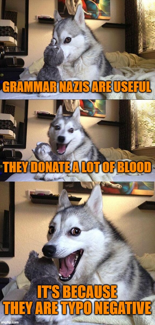 Bad Pun Dog Meme | GRAMMAR NAZIS ARE USEFUL; THEY DONATE A LOT OF BLOOD; IT'S BECAUSE THEY ARE TYPO NEGATIVE | image tagged in memes,bad pun dog | made w/ Imgflip meme maker