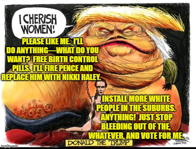 Women, Please LIKE me! | PLEASE LIKE ME.  I’LL DO ANYTHING—WHAT DO YOU WANT?  FREE BIRTH CONTROL PILLS.  I’LL FIRE PENCE AND REPLACE HIM WITH NIKKI HALEY. INSTALL MORE WHITE PEOPLE IN THE SUBURBS.  ANYTHING!  JUST STOP BLEEDING OUT OF THE, WHATEVER, AND VOTE FOR ME. | image tagged in deplorable donald,potus45,donald trump approves,donald trump you're fired,feminism | made w/ Imgflip meme maker