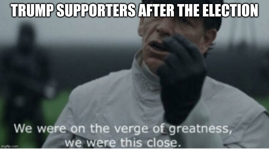 We were on the verge of greatness | TRUMP SUPPORTERS AFTER THE ELECTION | image tagged in we were on the verge of greatness | made w/ Imgflip meme maker