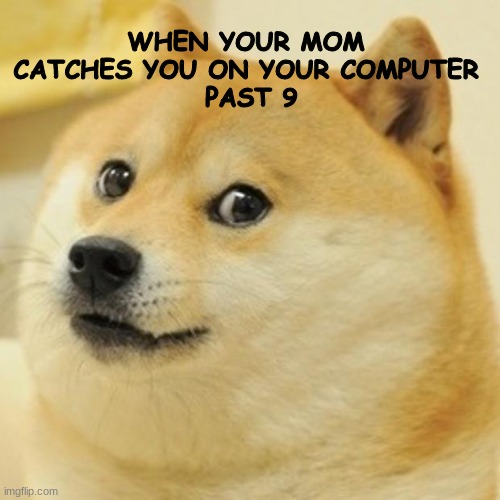 Doge Meme | WHEN YOUR MOM 
CATCHES YOU ON YOUR COMPUTER 
PAST 9 | image tagged in memes,doge | made w/ Imgflip meme maker