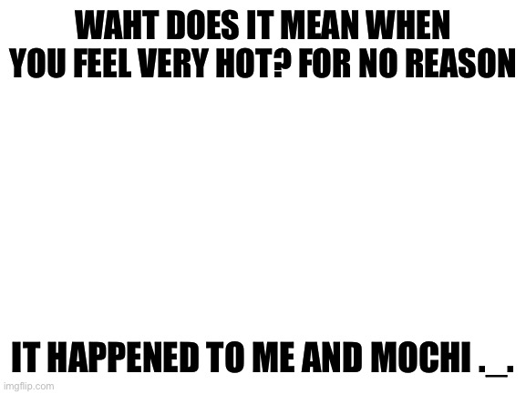 This happens quite a lot of times | WAHT DOES IT MEAN WHEN YOU FEEL VERY HOT? FOR NO REASON; IT HAPPENED TO ME AND MOCHI ._. | image tagged in blank white template | made w/ Imgflip meme maker
