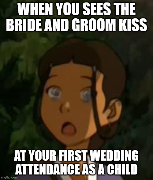 Me at my first wedding attendance be like this Katara face XD | WHEN YOU SEES THE BRIDE AND GROOM KISS; AT YOUR FIRST WEDDING ATTENDANCE AS A CHILD | image tagged in katara shocked face,funny,memes,weddings,little kid | made w/ Imgflip meme maker