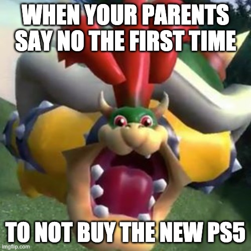 When your parents say no the first time | WHEN YOUR PARENTS SAY NO THE FIRST TIME; TO NOT BUY THE NEW PS5 | image tagged in bowser is lsd,bowser,funny memes | made w/ Imgflip meme maker