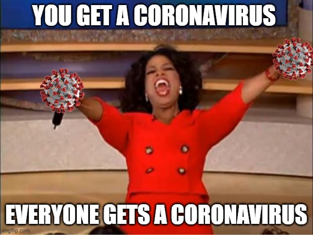 Oprah You Get A Meme | YOU GET A CORONAVIRUS; EVERYONE GETS A CORONAVIRUS | image tagged in memes,oprah you get a | made w/ Imgflip meme maker