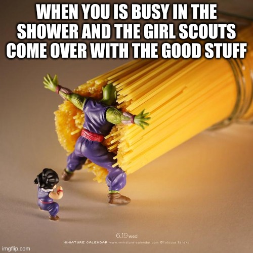 Piccolo VS Spaghetti | WHEN YOU IS BUSY IN THE SHOWER AND THE GIRL SCOUTS COME OVER WITH THE GOOD STUFF | image tagged in piccolo vs spaghetti | made w/ Imgflip meme maker