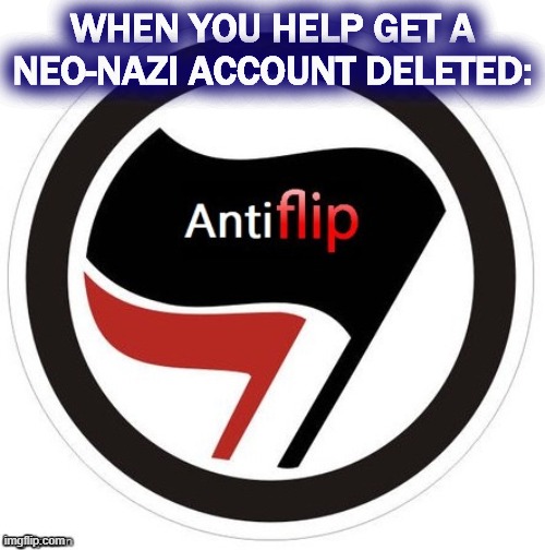 eyyy we did it | WHEN YOU HELP GET A NEO-NAZI ACCOUNT DELETED: | image tagged in antiflip,neo-nazis,nazis,meanwhile on imgflip,imgflip mods,imgflip community | made w/ Imgflip meme maker