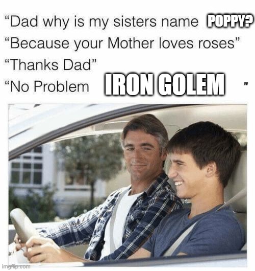 Why is my sister's name Rose | POPPY? IRON GOLEM | image tagged in why is my sister's name rose | made w/ Imgflip meme maker
