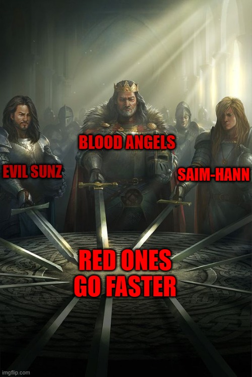 Knights of the Round Table | BLOOD ANGELS; EVIL SUNZ; SAIM-HANN; RED ONES GO FASTER | image tagged in knights of the round table | made w/ Imgflip meme maker