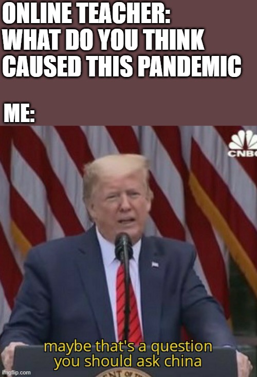 Maybe that’s a question you should ask China | ONLINE TEACHER: WHAT DO YOU THINK CAUSED THIS PANDEMIC; ME: | image tagged in maybe that s a question you should ask china | made w/ Imgflip meme maker