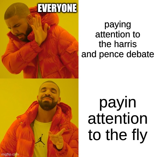 Drake Hotline Bling | EVERYONE; paying attention to the harris and pence debate; payin attention to the fly | image tagged in memes,drake hotline bling | made w/ Imgflip meme maker