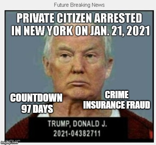 97 Days Until January 21, 2021 | CRIME
INSURANCE FRAUD; COUNTDOWN 
97 DAYS | image tagged in countdown,criminal,conman,liar,traitor,mafia | made w/ Imgflip meme maker