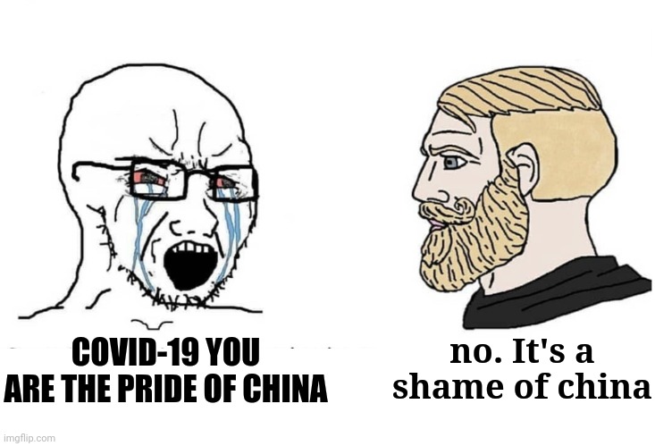 Soyboy Vs Yes Chad | COVID-19 YOU ARE THE PRIDE OF CHINA no. It's a shame of china | image tagged in soyboy vs yes chad | made w/ Imgflip meme maker