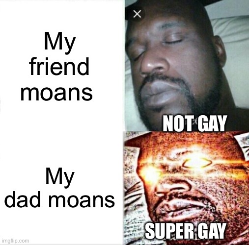 Sleeping Shaq | My friend moans; NOT GAY; My dad moans; SUPER GAY | image tagged in memes,sleeping shaq | made w/ Imgflip meme maker
