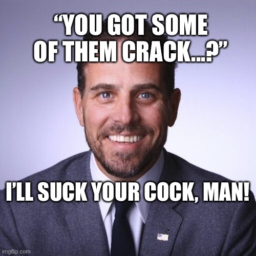 Crackhead Hunter | “YOU GOT SOME OF THEM CRACK...?”; I’LL SUCK YOUR COCK, MAN! | image tagged in hunter biden,crackhead | made w/ Imgflip meme maker