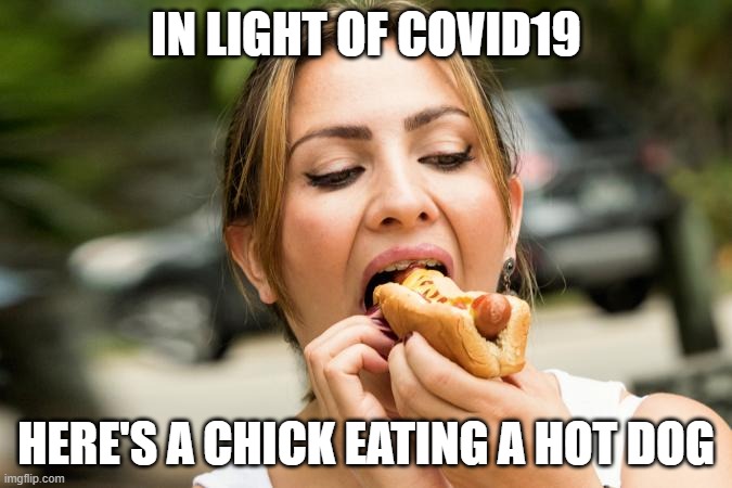 IN LIGHT OF COVID19; HERE'S A CHICK EATING A HOT DOG | image tagged in covid-19 | made w/ Imgflip meme maker