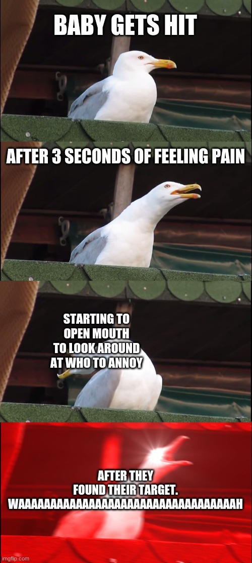 Inhaling Seagull | BABY GETS HIT; AFTER 3 SECONDS OF FEELING PAIN; STARTING TO OPEN MOUTH TO LOOK AROUND AT WHO TO ANNOY; AFTER THEY FOUND THEIR TARGET. WAAAAAAAAAAAAAAAAAAAAAAAAAAAAAAAAAAH | image tagged in memes,inhaling seagull | made w/ Imgflip meme maker
