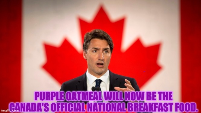Justin Trudeau | PURPLE OATMEAL WILL NOW BE THE CANADA'S OFFICIAL NATIONAL BREAKFAST FOOD. | image tagged in justin trudeau | made w/ Imgflip meme maker