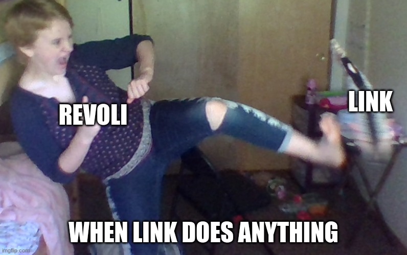 Revoli needs a vibe check | LINK; REVOLI; WHEN LINK DOES ANYTHING | image tagged in girl kicking fish plush,the legend of zelda breath of the wild | made w/ Imgflip meme maker