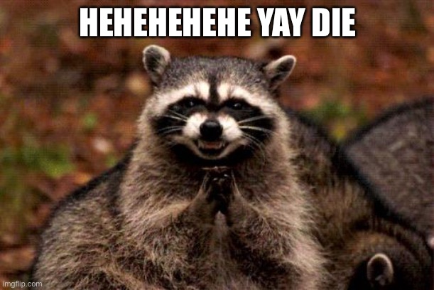Evil Plotting Raccoon | HEHEHEHEHE YAY DIE | image tagged in memes,evil plotting raccoon | made w/ Imgflip meme maker