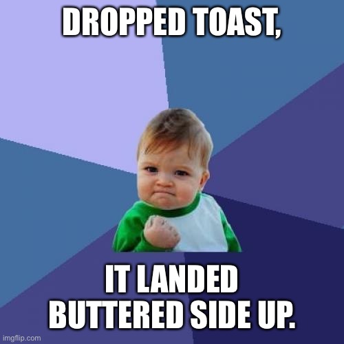 Success Kid Meme | DROPPED TOAST, IT LANDED BUTTERED SIDE UP. | image tagged in memes,success kid | made w/ Imgflip meme maker