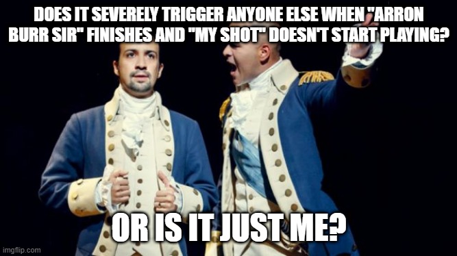 Idk....I might just be weird but...ngl...it REALLY does bother me for some reason lol | DOES IT SEVERELY TRIGGER ANYONE ELSE WHEN "ARRON BURR SIR" FINISHES AND "MY SHOT" DOESN'T START PLAYING? OR IS IT JUST ME? | image tagged in triggered,hamilton,music,lol,idk | made w/ Imgflip meme maker