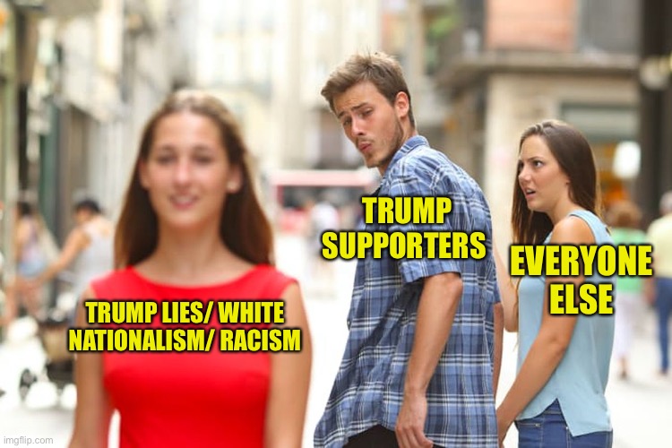 Distracted Boyfriend Meme | TRUMP LIES/ WHITE NATIONALISM/ RACISM TRUMP SUPPORTERS EVERYONE ELSE | image tagged in memes,distracted boyfriend | made w/ Imgflip meme maker