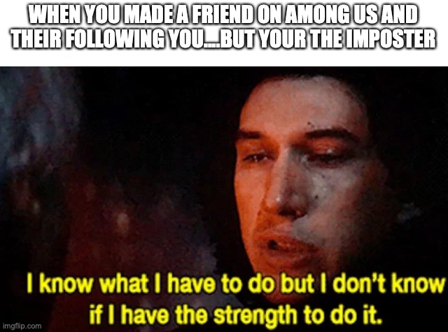 This happened to me today :,( | WHEN YOU MADE A FRIEND ON AMONG US AND THEIR FOLLOWING YOU....BUT YOUR THE IMPOSTER | image tagged in memes,among us | made w/ Imgflip meme maker
