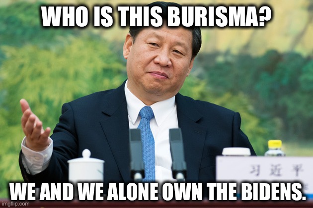 Xi Jinping | WHO IS THIS BURISMA? WE AND WE ALONE OWN THE BIDENS. | image tagged in xi jinping | made w/ Imgflip meme maker