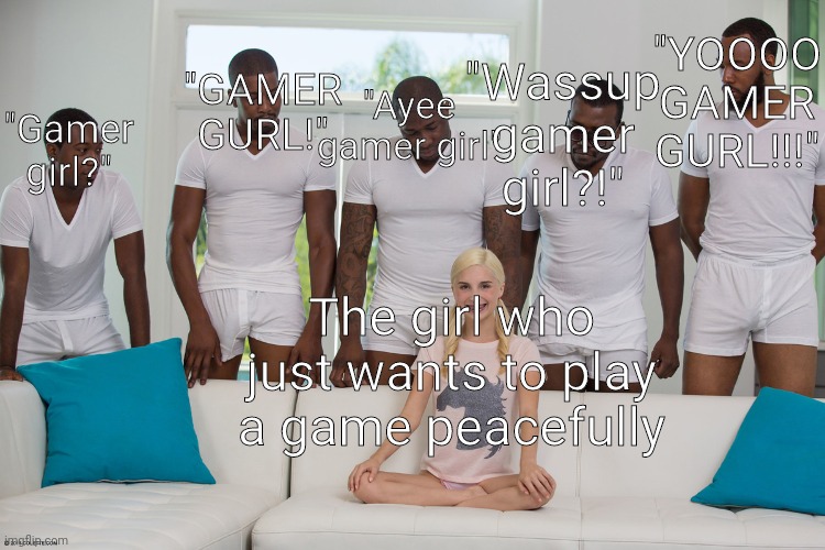 Why | "YOOOO GAMER GURL!!!"; "Wassup gamer girl?!"; "GAMER GURL!"; "Ayee gamer girl"; "Gamer girl?"; The girl who just wants to play a game peacefully | image tagged in piper perri surrounded 1 | made w/ Imgflip meme maker