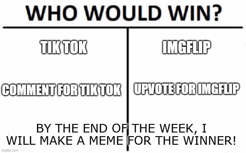 Who would win? | TIK TOK; IMGFLIP; UPVOTE FOR IMGFLIP; COMMENT FOR TIK TOK; BY THE END OF THE WEEK, I WILL MAKE A MEME FOR THE WINNER! | image tagged in memes,who would win | made w/ Imgflip meme maker
