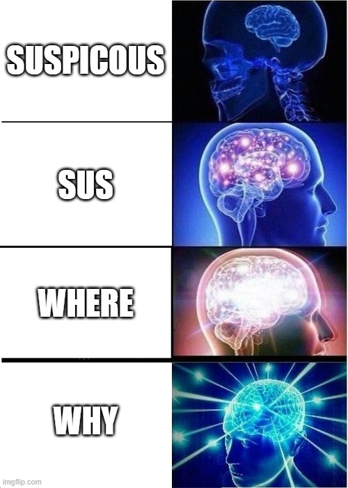 Expanding Brain Meme | SUSPICOUS; SUS; WHERE; WHY | image tagged in memes,expanding brain | made w/ Imgflip meme maker