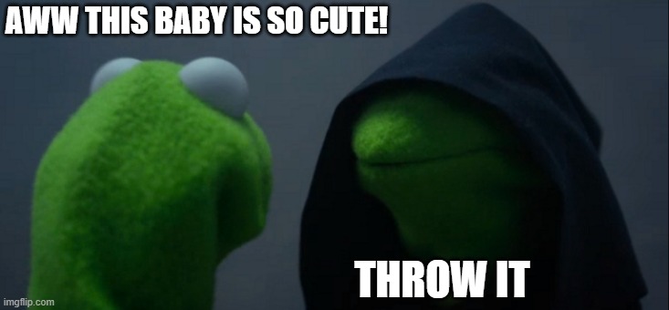 throw it | AWW THIS BABY IS SO CUTE! THROW IT | image tagged in memes,evil kermit | made w/ Imgflip meme maker