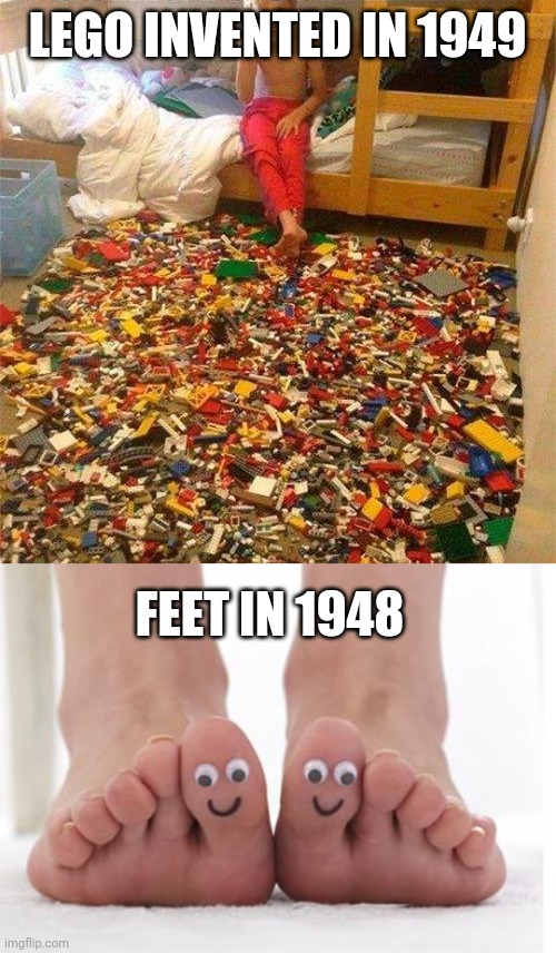 Lego Feet | LEGO INVENTED IN 1949; FEET IN 1948 | image tagged in lego obstacle,happy feet | made w/ Imgflip meme maker
