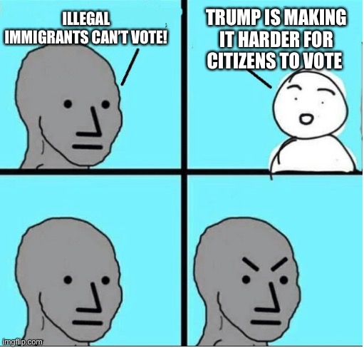 angry question | TRUMP IS MAKING IT HARDER FOR CITIZENS TO VOTE; ILLEGAL IMMIGRANTS CAN’T VOTE! | image tagged in angry question | made w/ Imgflip meme maker