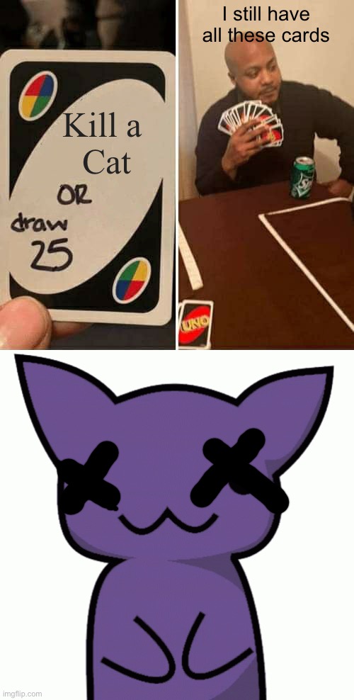 I still have all these cards; Kill a 
Cat | image tagged in memes,uno draw 25 cards | made w/ Imgflip meme maker