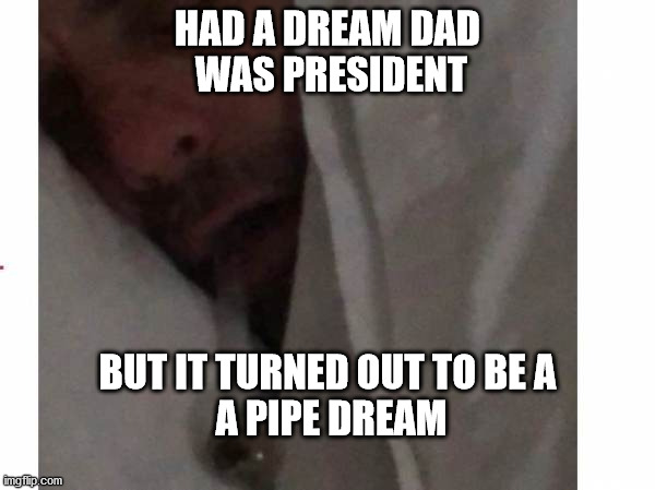 HAD A DREAM DAD
 WAS PRESIDENT; BUT IT TURNED OUT TO BE A
 A PIPE DREAM | image tagged in political meme | made w/ Imgflip meme maker