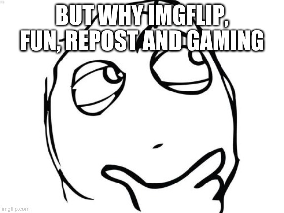 Question Rage Face Meme | BUT WHY IMGFLIP, FUN, REPOST AND GAMING | image tagged in memes,question rage face | made w/ Imgflip meme maker