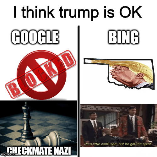Can't have dissenting opinions if they don't exist | I think trump is OK; BING; GOOGLE; CHECKMATE NAZI | image tagged in google,bing,donald trump,censorship,election 2020 | made w/ Imgflip meme maker