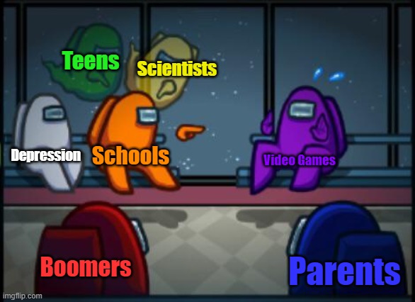Among us blame | Teens; Scientists; Depression; Schools; Video Games; Boomers; Parents | image tagged in among us blame | made w/ Imgflip meme maker