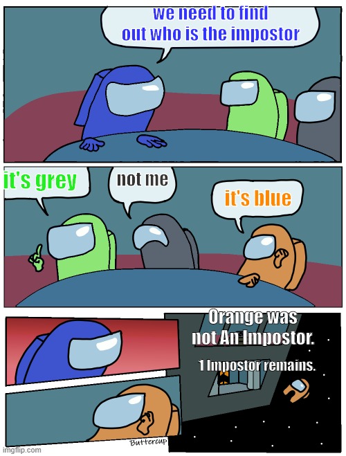 Among Us Meeting | we need to find out who is the impostor; it's grey; not me; it's blue; Orange was not An Impostor. 1 Impostor remains. | image tagged in among us meeting | made w/ Imgflip meme maker