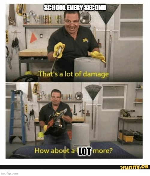 Thats a lot of damage how about some more | SCHOOL EVERY SECOND; LOT | image tagged in thats a lot of damage how about some more | made w/ Imgflip meme maker
